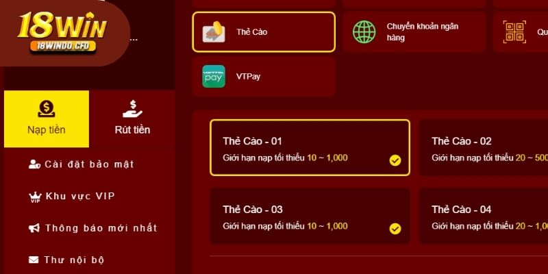Sử dụng thẻ cào để đăng nhập vào nhà cái 18Win nhanh chóng
